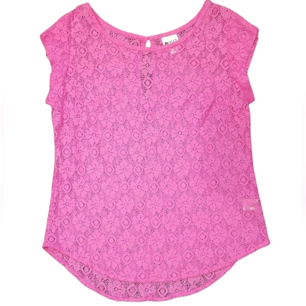 Stylus Floral Pink Sheer Lace‎ Blouse Womens Top Ladies Shortsleeve T-shirt